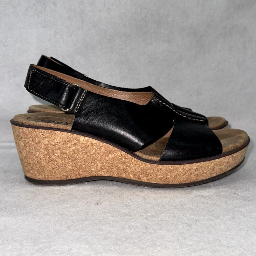 EUC Women’s Clarks Leather & Cork Slingback Wedges size 9 Black *please read*